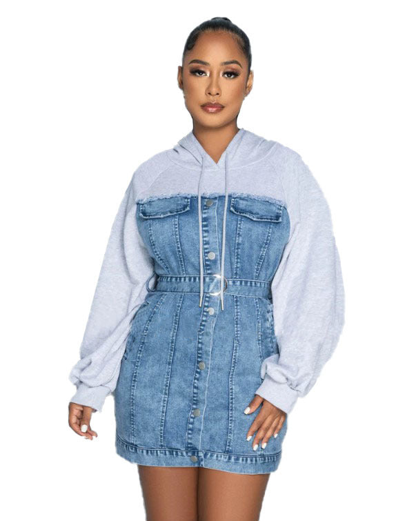 dream clothes Autumn and Winter New Women's Hooded Fake Two-Piece Sweater Stitching Jumpsuit Hip Skirt