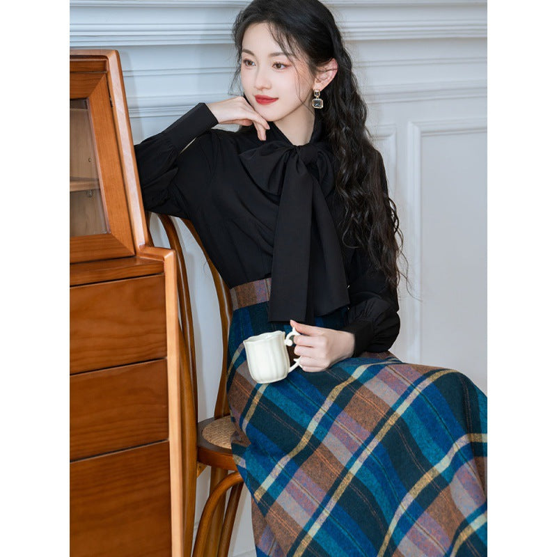 outfit ideas Autumn and Winter French Style Bow Artistic Top Women's High Waist Retro Plaid Woolen Skirt Two-Piece Set