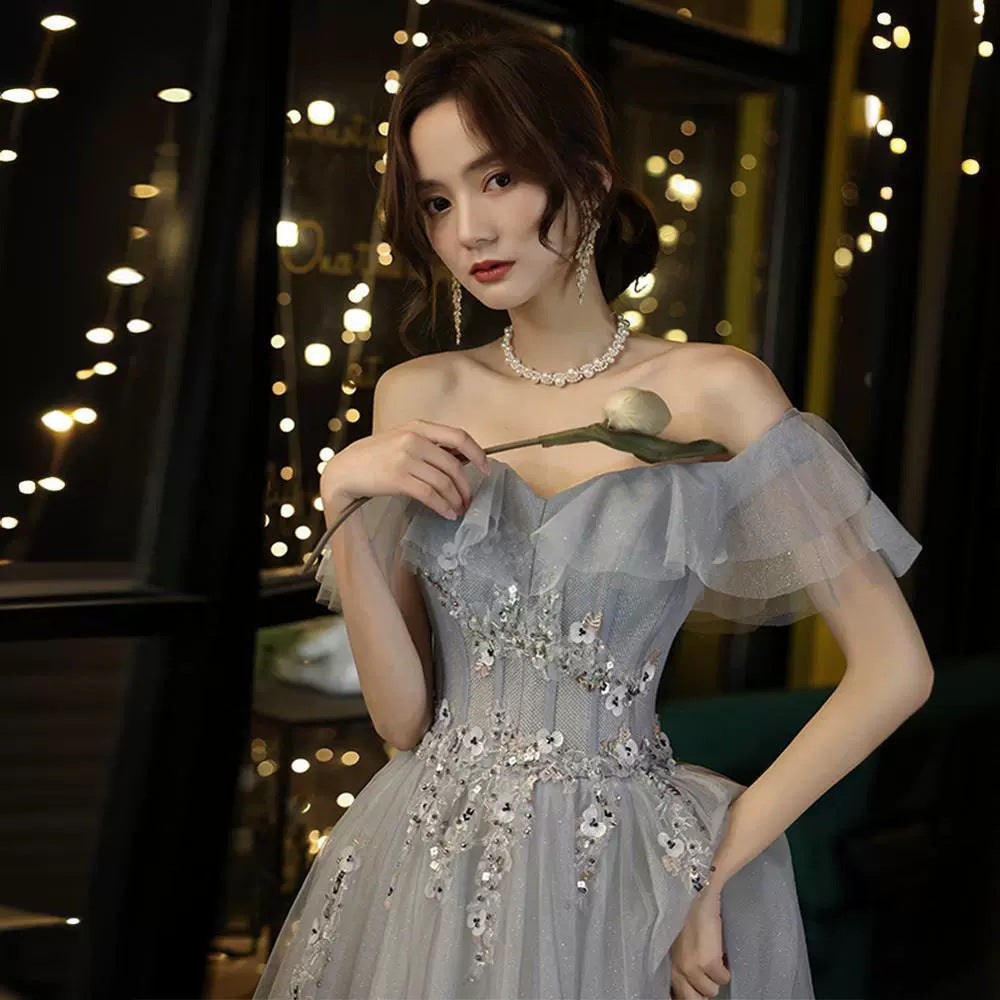 prom dresses Gray Blue off-Shoulder Evening Dress Autumn Fashion Dress Temperament Vocal Solo Host Dress