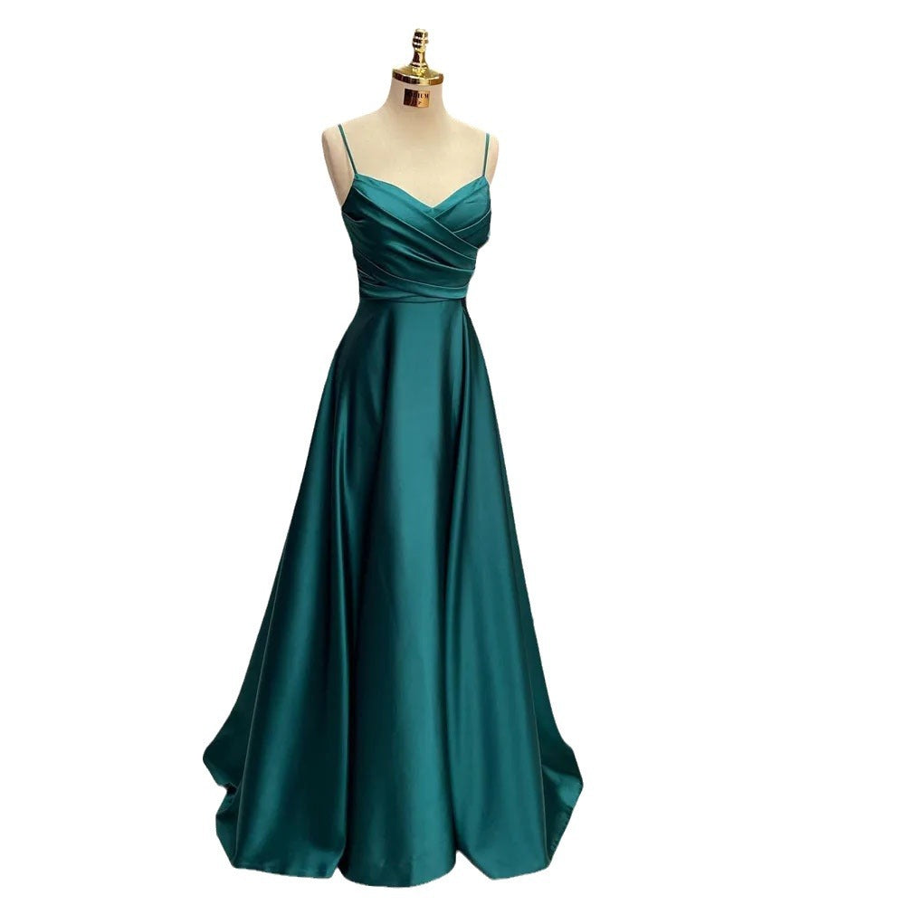 prom dresses 2024 New Dark Green Formal Dress V-neck Pleated Wedding Party Dress Suspender Style Special Occasion Dress