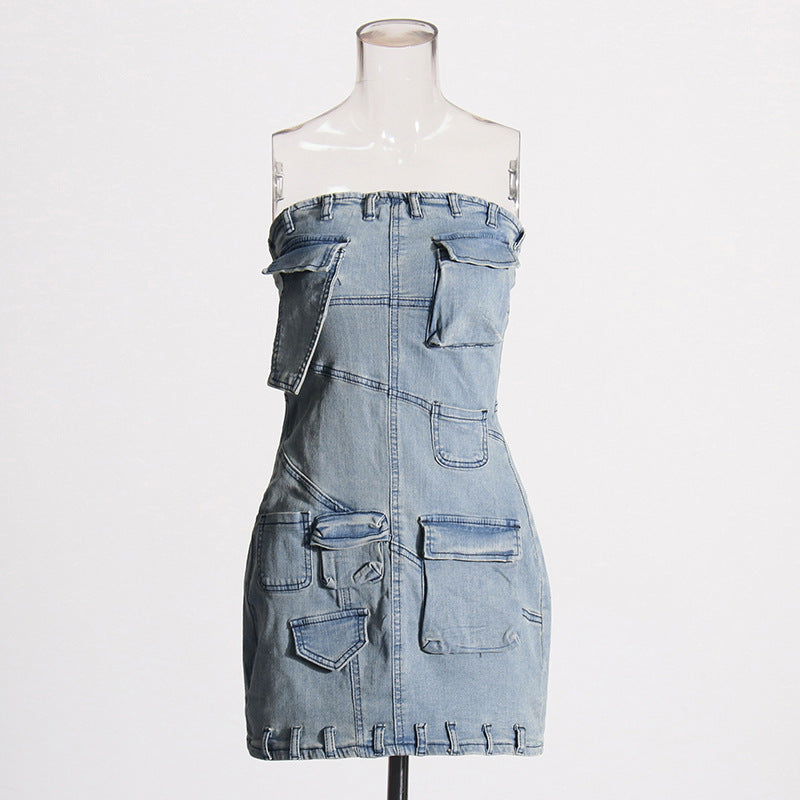 outfit inspo Personalized Street Denim Hip Skirt Spring New Solid Color Stitching Multi-Pocket Tube Top High Waist Dress Women