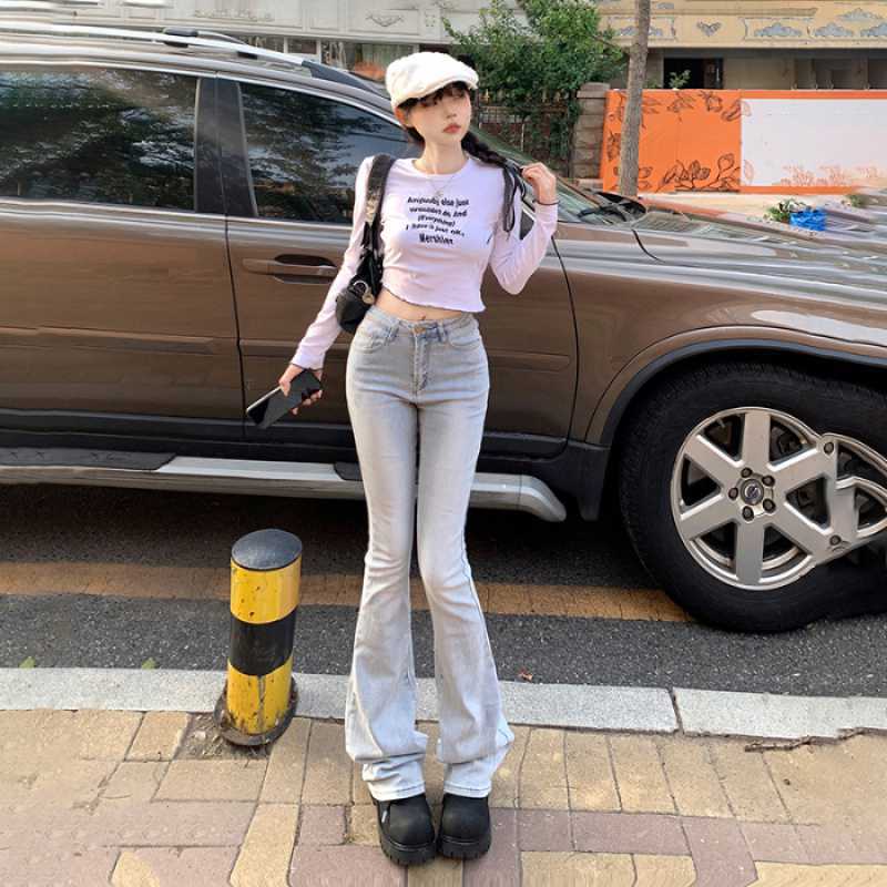 datenight fall outfits Multi-Color Retro High Waist Slim-Fit Stretch Flared Jeans Women's Cropped Trousers Lengthened