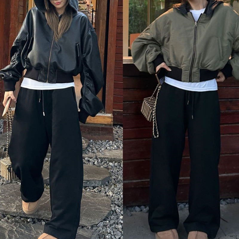 going out outfits Leather Jacket Women's Korean-Style Two-Way Black Hooded Street Motorcycle Short Leather Jacket Cotton-Padded Jacket Winter