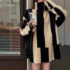 2000s fashion Korean Style Elegant All-Match Black and White Striped Sweater Women's Autumn and Winter New Loose Lazy Style Turtleneck Pullover Sweater