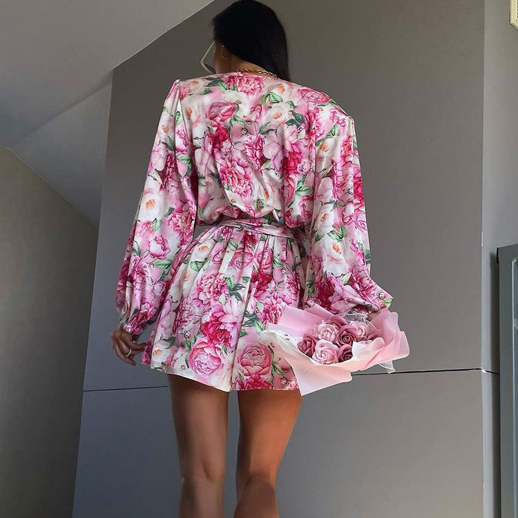 android vs cyberborg dress to impress Autumn New Printed Jumpsuit Women's High-Grade Draping V-neck Lace-up Waist-Tight Long Sleeve Jumpsuit