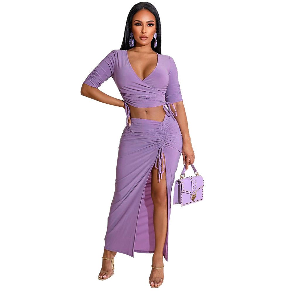 frat outfits Pleated V-neck T-shirt High Slit Drawstring Skirt Fashion Two-Piece Set