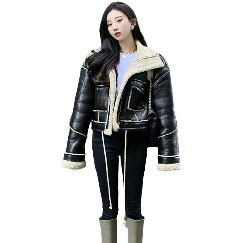 Short Leather Coat for Women Winter Fleece-lined Thickened Fur Integrated Motorcycle Clothing Lamb Fur PU Leather Jacket Fashion