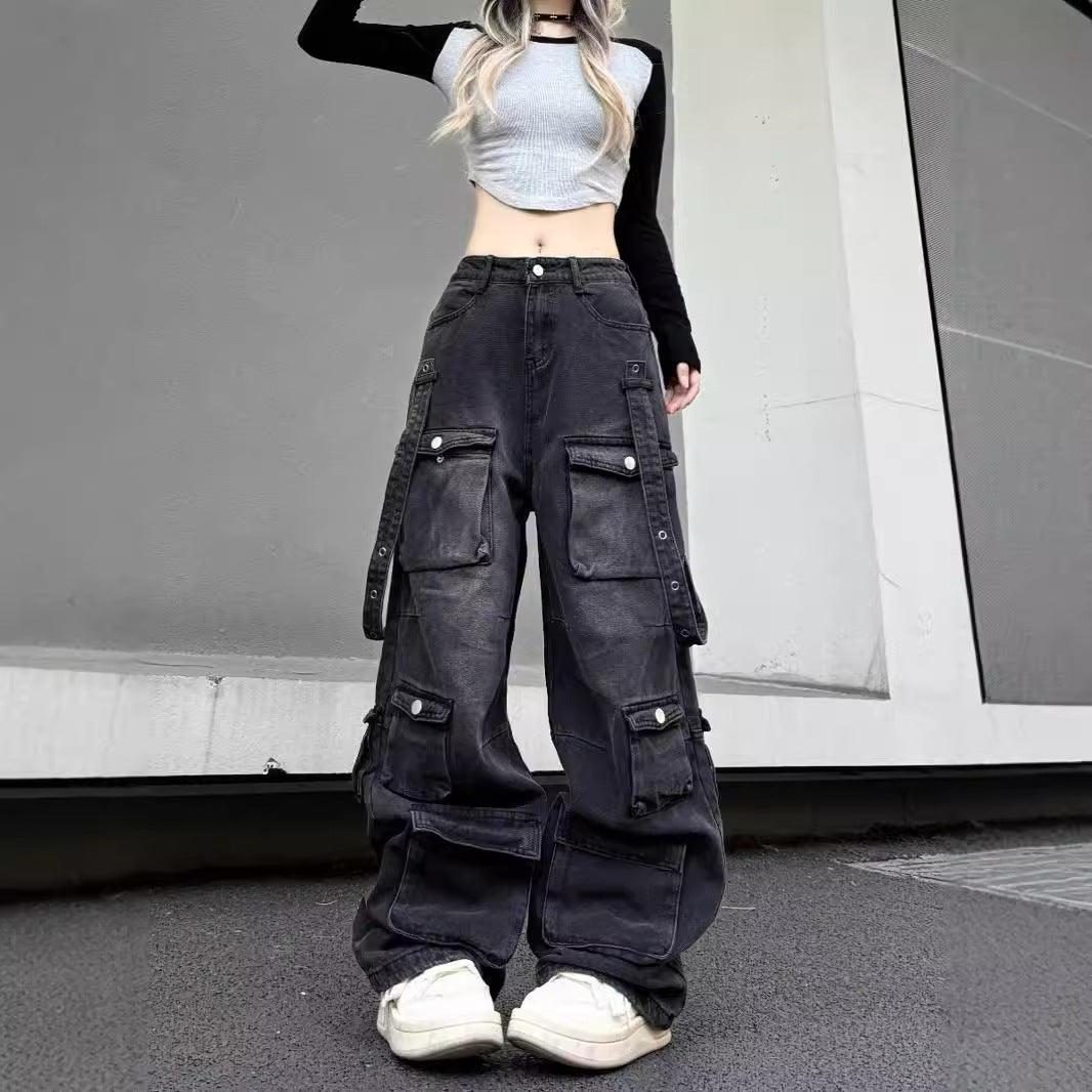 fashion outfits American Retro High Street Multi-Pocket Workwear Jeans Men's and Women's Oversize Hip Hop Draping Pants Ins Fashion