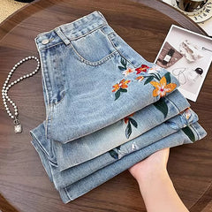 summer outfits inspo Spring New Embroidered Embroidered New Chinese Style Slimming Straight American Retro Jeans Women's Spring and Autumn Pants