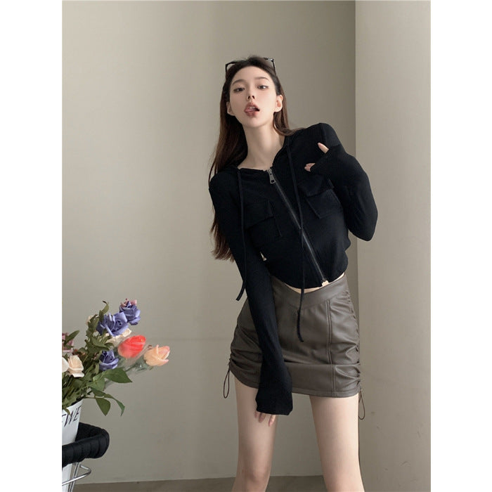 guys clothing styles High Elastic Rib Drawstring Zipper Cardigan Women's Coat Niche Long Sleeve Top Fashion