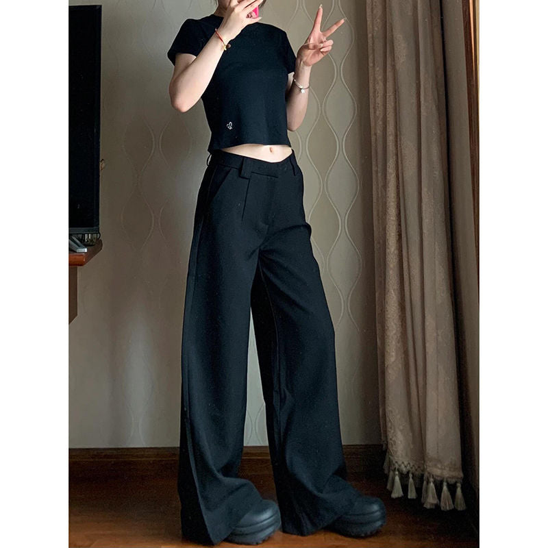 fashion outfits Plus Size Black Straight Suit Wide-Leg Pants Women's Summer High Waist Draping Loose Slimming Casual Mopping Pants