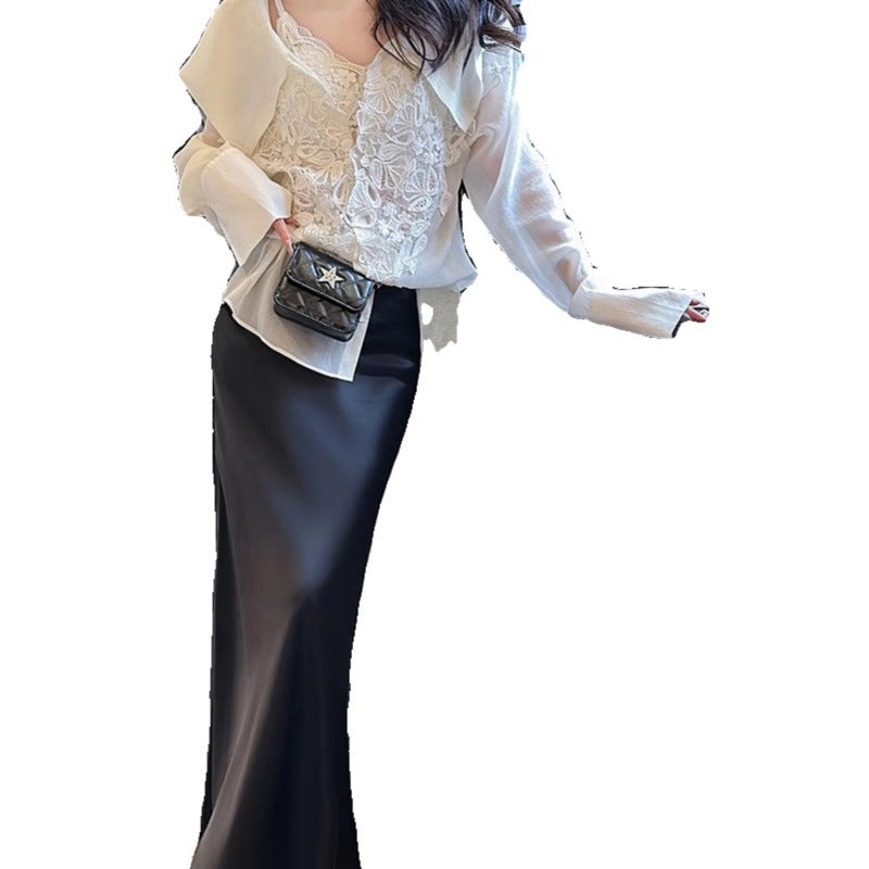 business casual outfits French Ice Silk Mid-Length Satin Skirt Women's 2024 Summer Pear-Shaped High Waist A- line Acetate Fishtail Skirt