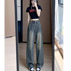 guys clothing styles American Retro Distressed Washed Jeans Women's Autumn Draping Straight Trousers Loose Slimming Wide-Leg Pants Fashion