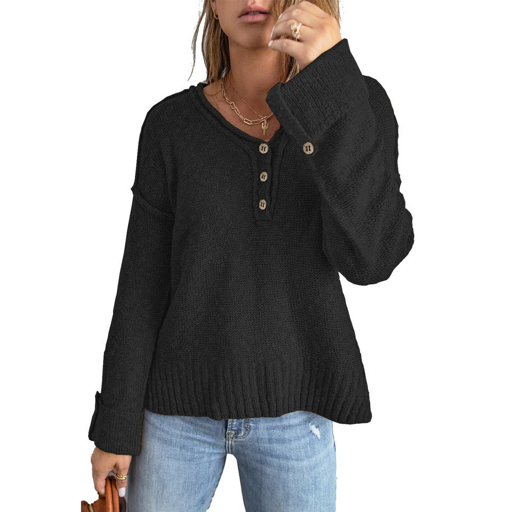Women's Autumn and Winter Fashion New Loose Button Knitted off-Shoulder Sweater Women
