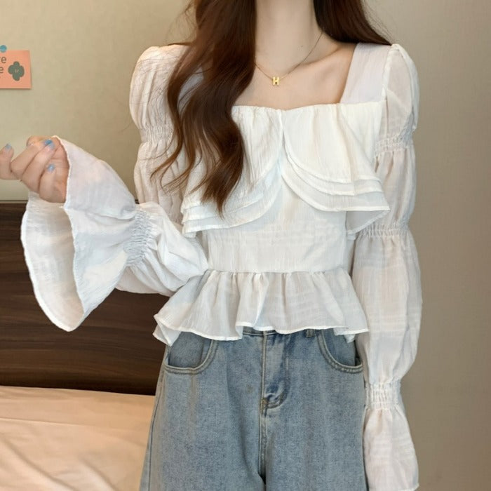 fall outfits women White Bell Sleeve Top Women's Clothing Spring Shirt Ruffled Square Collar Shirt Niche