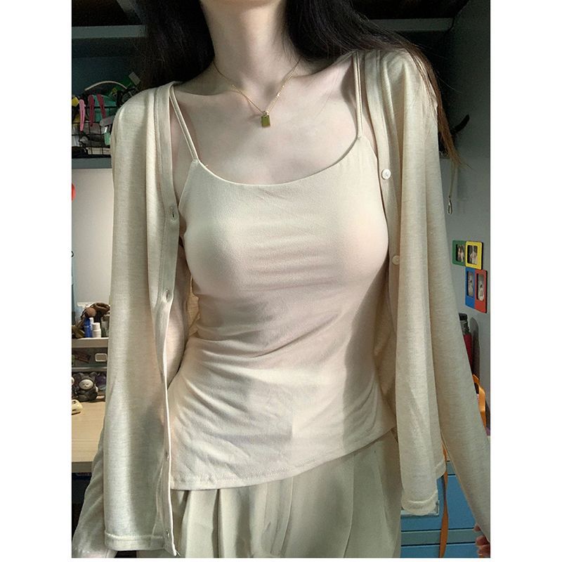 fashion outfits Sweet Hot Girl Hollow-out Knitted Cardigan Two-Piece Women's Summer Outdoor Air Conditioning Blouse Long Sleeve Top Clothes