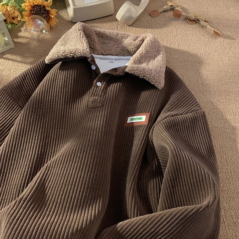 mens fall outfits Corduroy Polo Collar Sweater Autumn and Winter Fleece-lined Thickened Lamb Wool Coat Men's Winter Hong Kong Style Teenagers