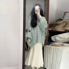 fall winery outfits Korean Style Lazy Style V-neck Sweater Retro Warm Loose Spring and Autumn Winter Gentle Style Pullover Skirt Two-Piece Set
