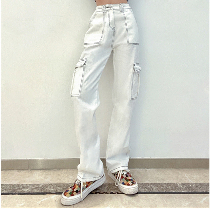 college outfits Women's Street Fashion Multi-Pocket Workwear Straight Trousers High Waist Slimming Loose Khaki Jeans for Women