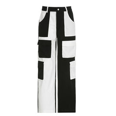 y2k outfits American Sports Street Contrast Color High Waist Corduroy Trousers 2024 Spring and Summer New Multi-Pocket Straight Wide Leg Workwear