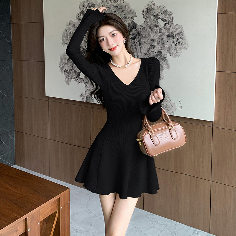 leapord halloween outfit Autumn and Winter Japanese and Korean Style Women's Long Sleeve V-neck Bell Sleeve Sweater Dress Slim Slimming Knitted Dress 6915