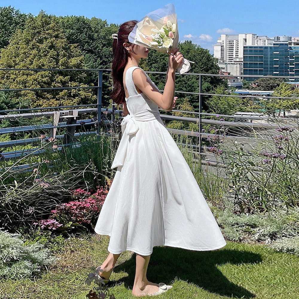 cybergoth dress to impress Summer New Sleeveless Waist Solid Color Square Collar Dress Women's Design Sense Niche Slim A- line Midi Dress