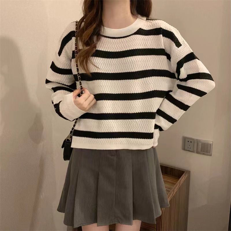 joker costume female outfit round Neck Striped Knitted Bottoming Shirt Sweater Women's Autumn and Winter Fashion Japanese Style Lazy Style Loose Pullover Top