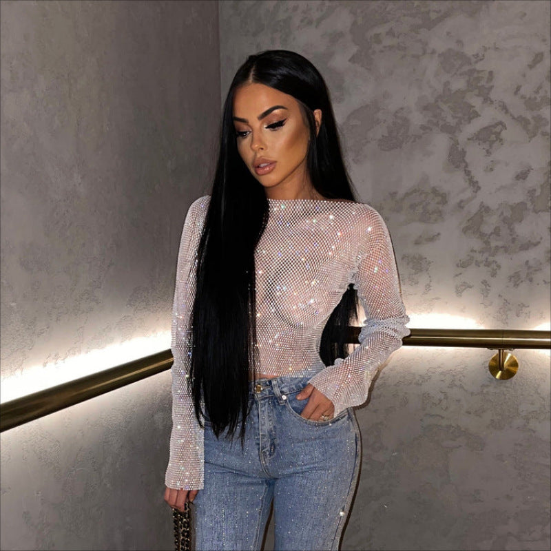 New Women's Fishing Net T-shirt off-Shoulder Long-Sleeved Top Mesh Flash Diamond Fishing Net Hot Girl Top for Women