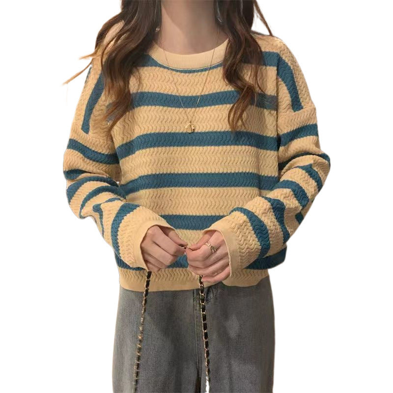 joker costume female outfit round Neck Striped Knitted Bottoming Shirt Sweater Women's Autumn and Winter Fashion Japanese Style Lazy Style Loose Pullover Top