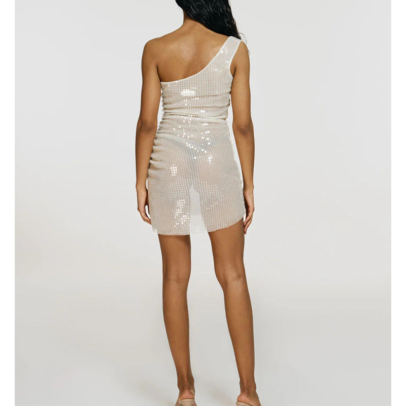 divine being dress to impress Women's Slant Shoulder Strap Short Skirt See-through Sexy Backless Sequins Dress