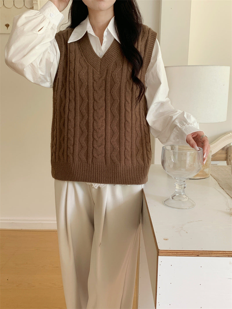 outfit inspo fall V-neck Twist Knitted Vest Overwear Outer Sweater Vest Sleeveless Women's Autumn and Winter High-Grade Temperament Top