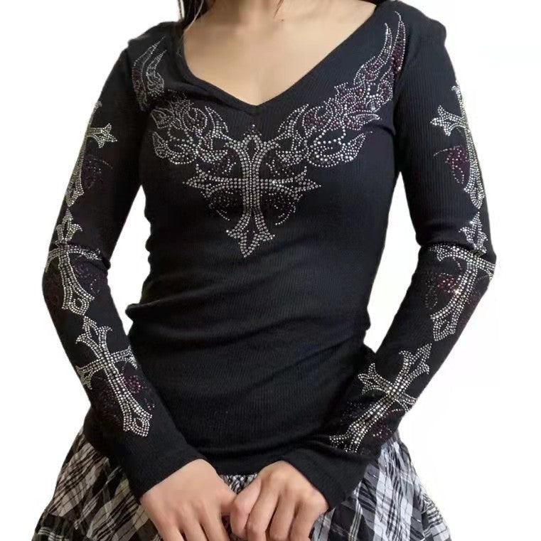 Long Sleeve Baroque Print Rib Top