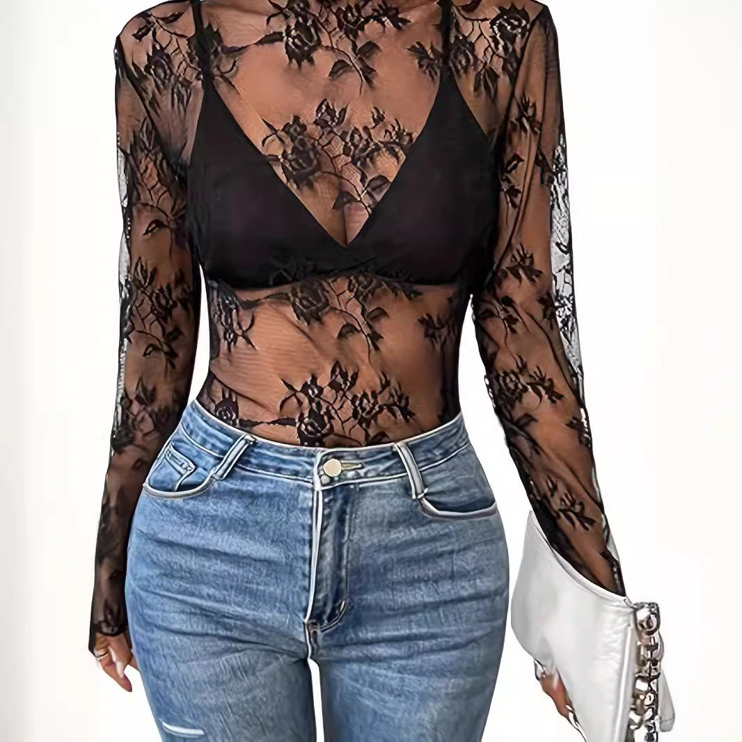 2000s fashion Women's Printed Tulle Mesh Mock Collar Lettuce Trim Long Sleeve Blouse Sexy Top