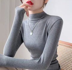 outfit inspo Deep Flower Gray Long-Sleeved T-shirt Women's Autumn and Winter Half Turtleneck Bottoming Shirt Inner Slim Thread Knitted Top 2024 New