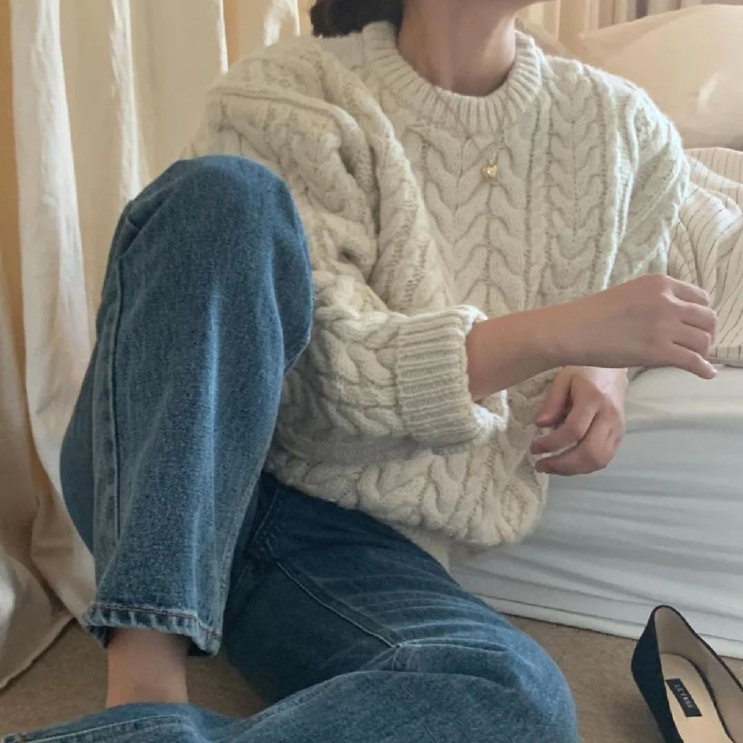 winter date night outfits Apricot Retro round Neck Pullover Sweater Loose Winter Thickened Thick Thread Twist Sweater Women's Clothing