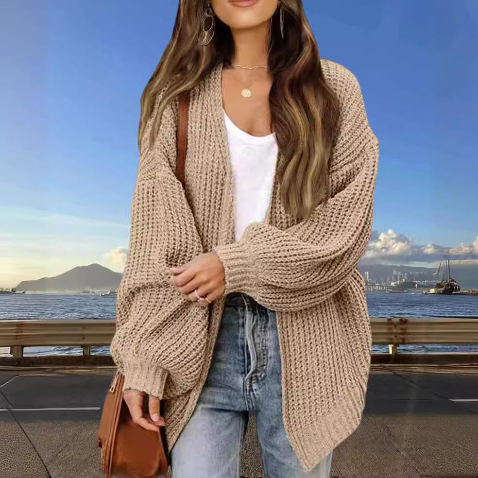 fall fashion Women's 2024 New Fashion Lantern Sleeve Sweater Women's Coat Thick Wool Pocket Knitted Cardigan