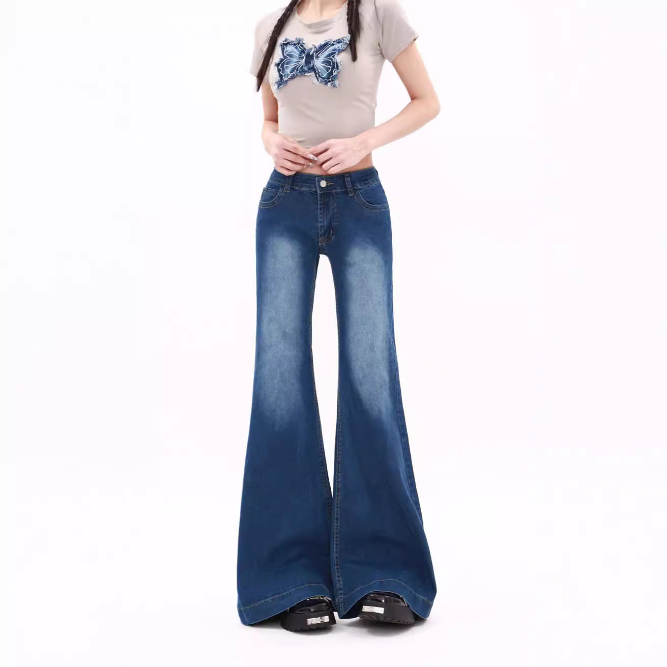 y2k outfits American-Style High-Grade Waste Soil Jeans Autumn Slimming Low Waist Wide-Leg Pants Retro Korean Casual Trousers