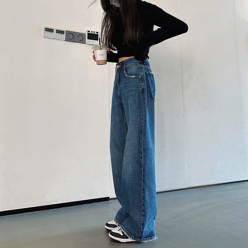 outfit ideas for school Women's Wide-Leg Jeans Autumn New Loose High Waist Draping Versatile Mopping Pants Pocket Dark Blue Straight Pants