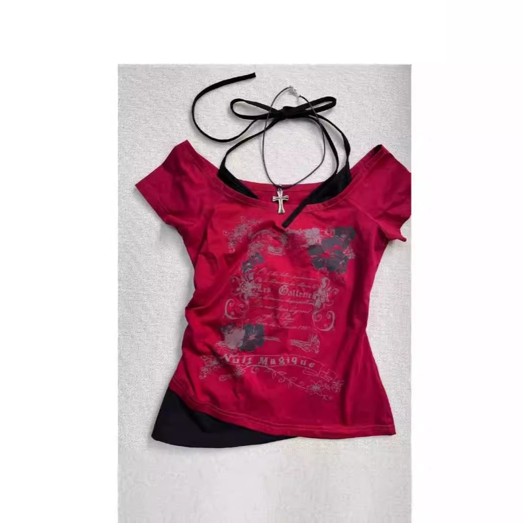 fashion outfits Feishi Style Retro Vintage Halter Fake Two-Piece Short-Sleeved T-shirt Mid-Ancient Summer Short Top