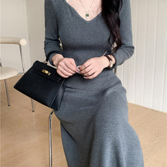 church outfit Korean Style Knitted Bottoming Knitted Dress Women's Autumn and Winter A- line Large Swing Dress