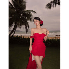 y2k outfits Sexy Hot Tube Top Flower Chiffon Dress Women's Trailing Slim-Fit Sexy Red Dress