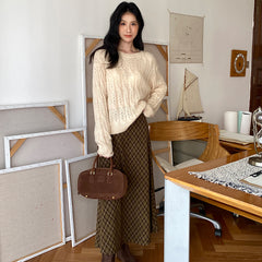 midi skirt outfit fall Maillard Retro Coffee Green Plaid Skirt Women's Long Skirt Autumn and Winter High Waist A- line Skirt