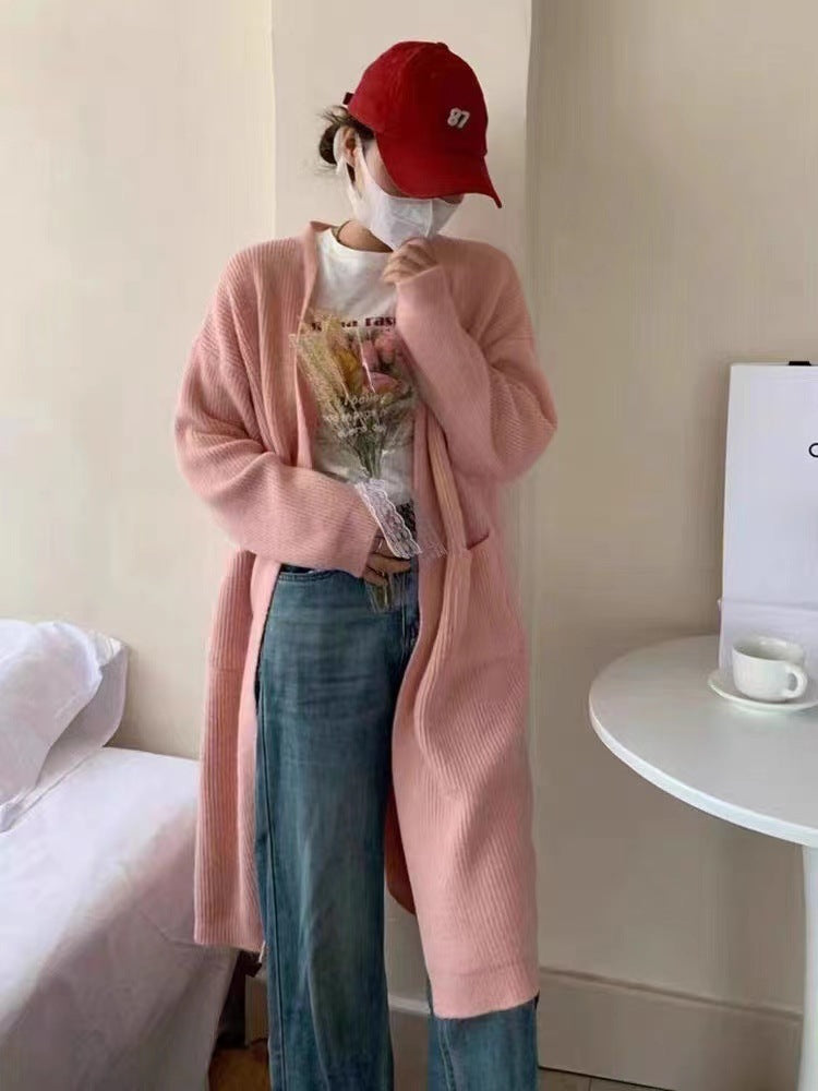 fall outfits Solid Color Knitted Cardigan Women's Autumn and Winter Loose Temperament V-neck Lazy Style Mid-Length over-the-Knee Sweater Coat Fashion