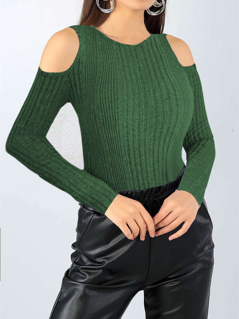 fall outfit Hollow-out Casual Simple Long-Sleeved Women's T-shirt Fashion round Neck Slim Fit Comfortable Daily Top Women