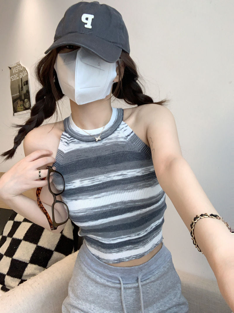 short mens haircut Retro Colorful Striped Halter Camisole Women's Summer Thin Tight Waist Slim Fit All-Match Sleeveless Top Fashion