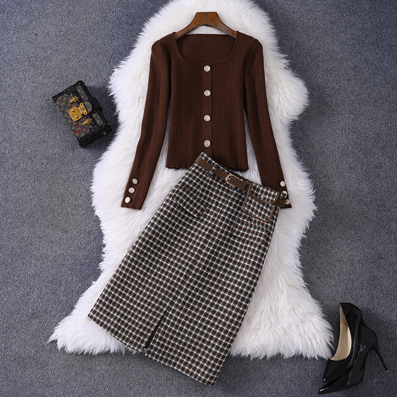 fall outfits Autumn Women's round Neck Knitted Slim Top Plaid with Belt Skirt Casual Suit