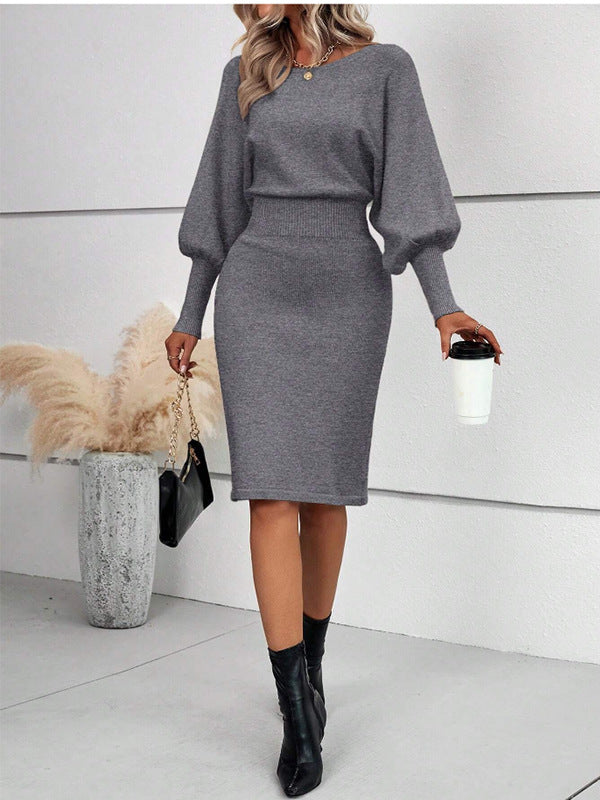 black sweater dress outfit Women's Knitted Sweater Dress Elegant round Neck Long Sleeve Sexy Solid Color Waist Slimming Sheath Skirt