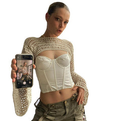dti outfits Style Woolen Crocheted Hollow Bell Sleeve Short Blouse Fashionable New Style Solid Color Street Fashion Outdoor Personalized Top