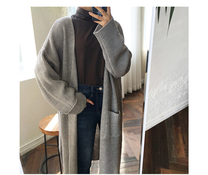fall outfits Retro Mid-Length Curling Solid Color Lazy Loose Knitted Long-Sleeved Sweater Coat for Women