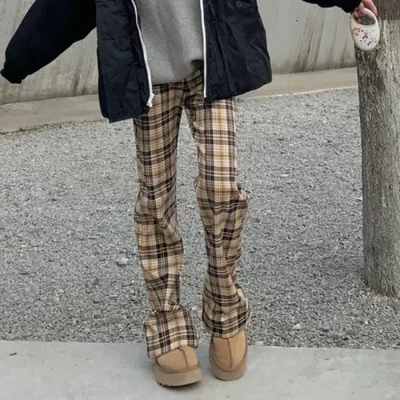 grunge outfits Niche Khaki Plaid Casual Trousers Women's Spring and Autumn American Retro High Waist Slimming Micro Flared Pants